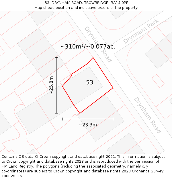 53, DRYNHAM ROAD, TROWBRIDGE, BA14 0PF: Plot and title map