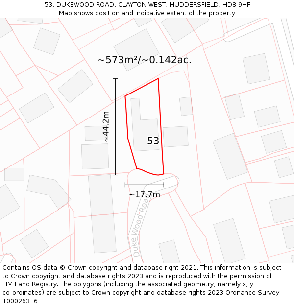 53, DUKEWOOD ROAD, CLAYTON WEST, HUDDERSFIELD, HD8 9HF: Plot and title map