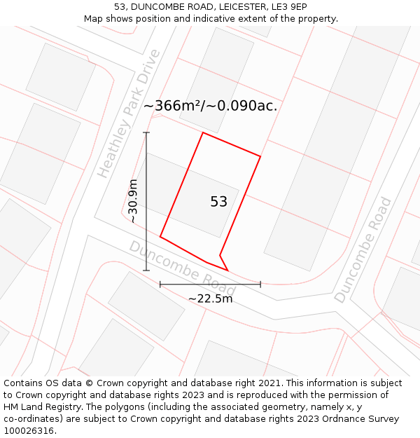 53, DUNCOMBE ROAD, LEICESTER, LE3 9EP: Plot and title map