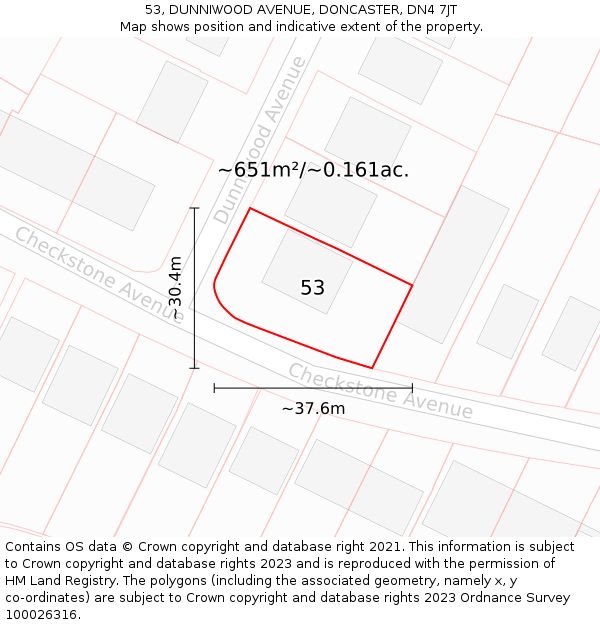 53, DUNNIWOOD AVENUE, DONCASTER, DN4 7JT: Plot and title map