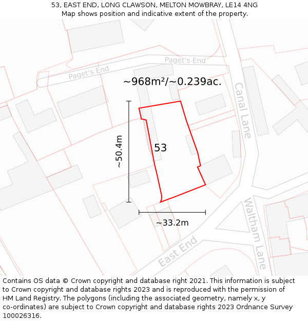 53, EAST END, LONG CLAWSON, MELTON MOWBRAY, LE14 4NG: Plot and title map