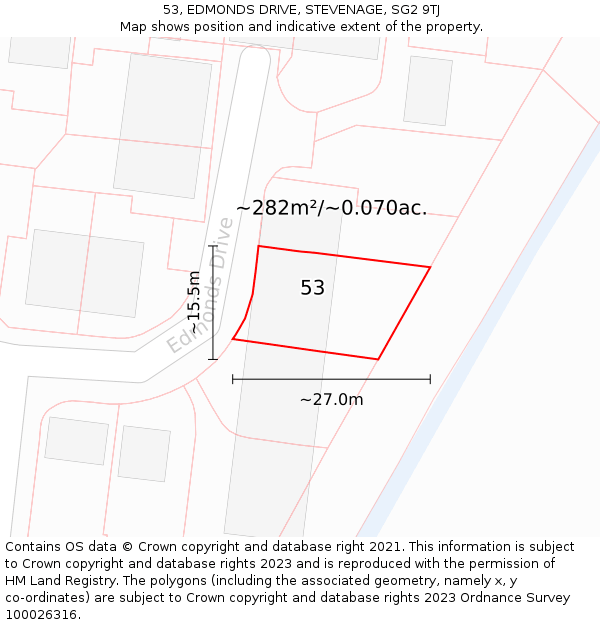 53, EDMONDS DRIVE, STEVENAGE, SG2 9TJ: Plot and title map