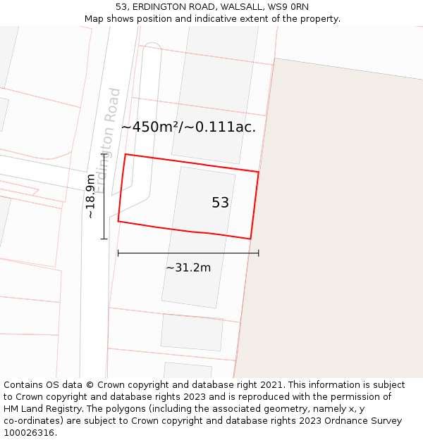 53, ERDINGTON ROAD, WALSALL, WS9 0RN: Plot and title map