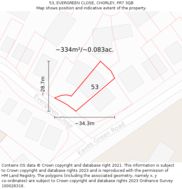 53, EVERGREEN CLOSE, CHORLEY, PR7 3QB: Plot and title map