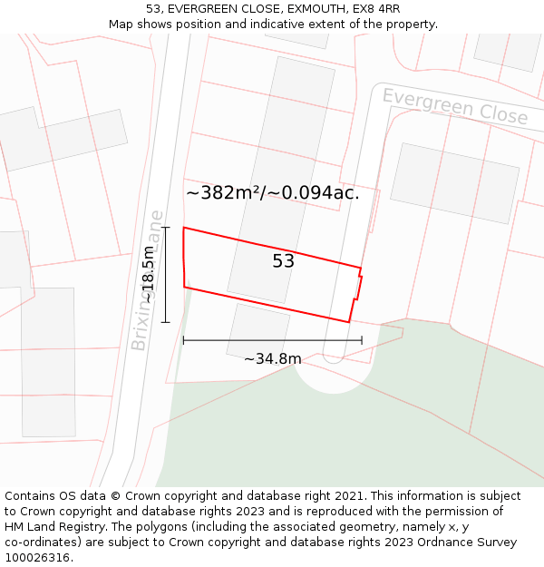 53, EVERGREEN CLOSE, EXMOUTH, EX8 4RR: Plot and title map