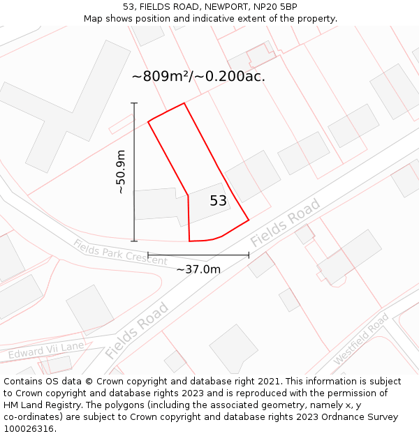 53, FIELDS ROAD, NEWPORT, NP20 5BP: Plot and title map