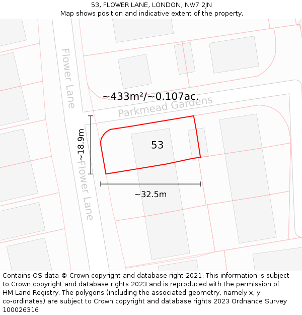 53, FLOWER LANE, LONDON, NW7 2JN: Plot and title map
