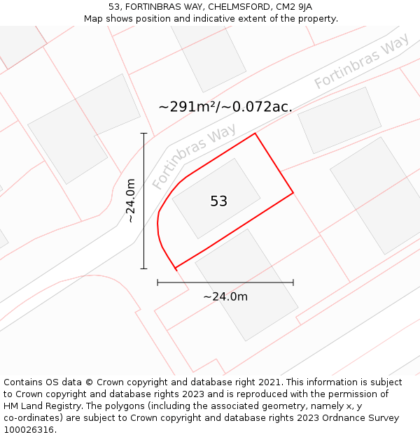 53, FORTINBRAS WAY, CHELMSFORD, CM2 9JA: Plot and title map