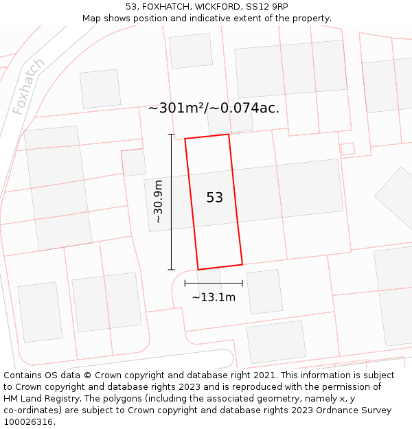 53, FOXHATCH, WICKFORD, SS12 9RP: Plot and title map