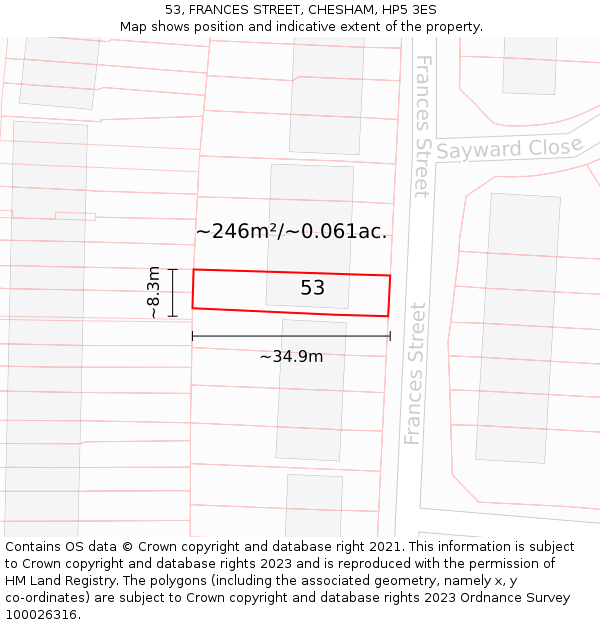53, FRANCES STREET, CHESHAM, HP5 3ES: Plot and title map