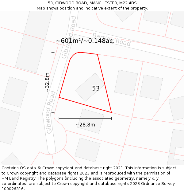 53, GIBWOOD ROAD, MANCHESTER, M22 4BS: Plot and title map