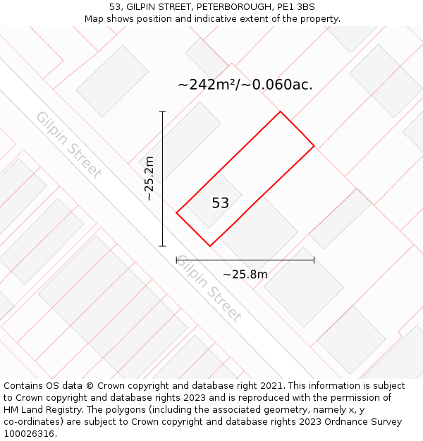 53, GILPIN STREET, PETERBOROUGH, PE1 3BS: Plot and title map