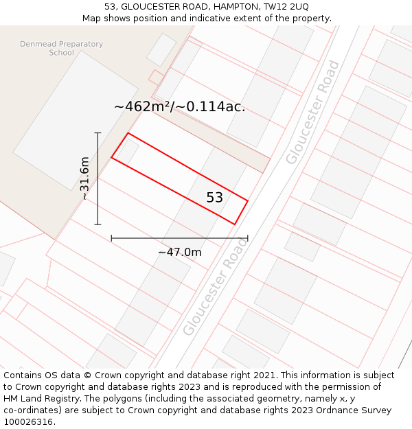 53, GLOUCESTER ROAD, HAMPTON, TW12 2UQ: Plot and title map