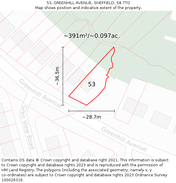 53, GREENHILL AVENUE, SHEFFIELD, S8 7TG: Plot and title map