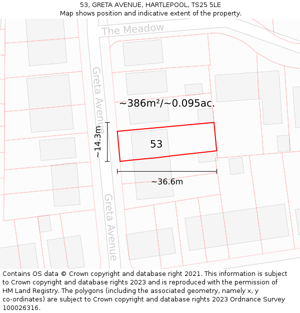 53, GRETA AVENUE, HARTLEPOOL, TS25 5LE: Plot and title map