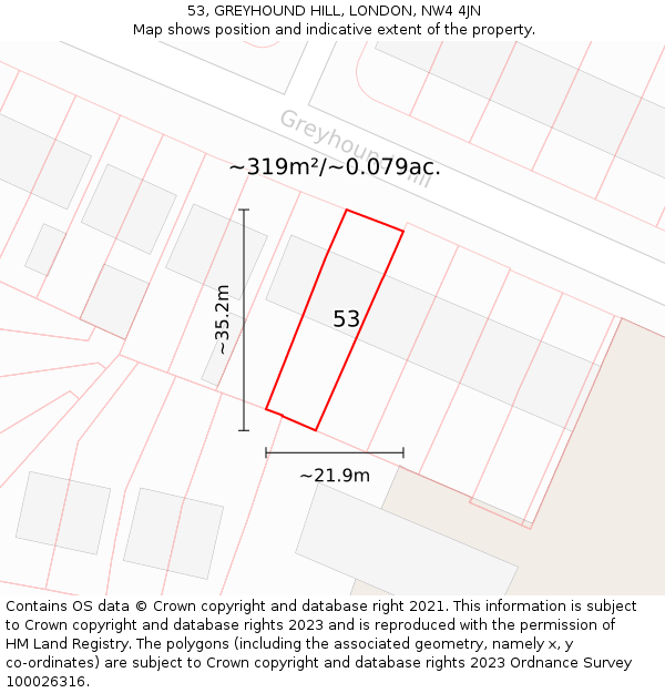 53, GREYHOUND HILL, LONDON, NW4 4JN: Plot and title map