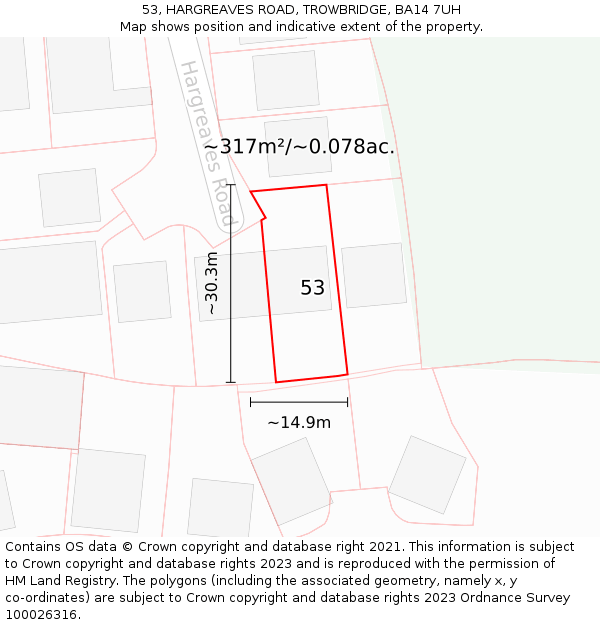 53, HARGREAVES ROAD, TROWBRIDGE, BA14 7UH: Plot and title map