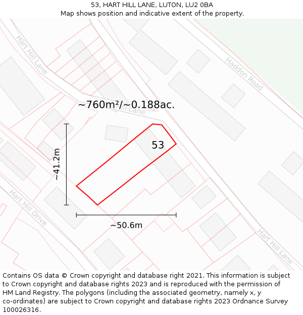 53, HART HILL LANE, LUTON, LU2 0BA: Plot and title map