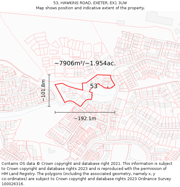 53, HAWKINS ROAD, EXETER, EX1 3UW: Plot and title map