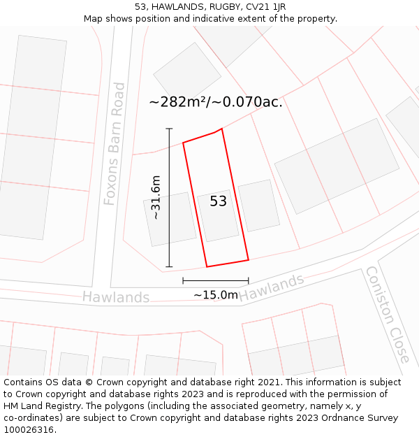 53, HAWLANDS, RUGBY, CV21 1JR: Plot and title map