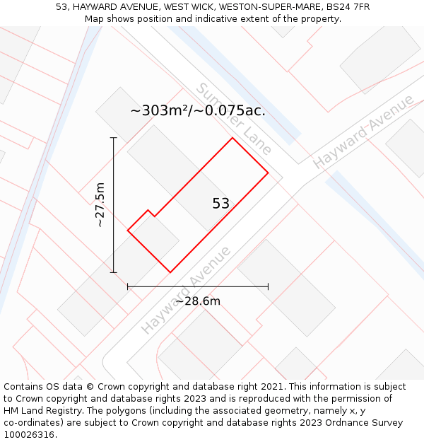 53, HAYWARD AVENUE, WEST WICK, WESTON-SUPER-MARE, BS24 7FR: Plot and title map