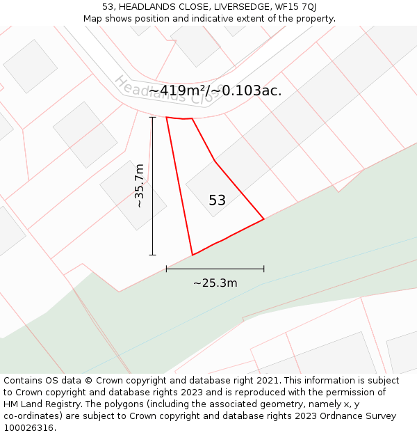 53, HEADLANDS CLOSE, LIVERSEDGE, WF15 7QJ: Plot and title map