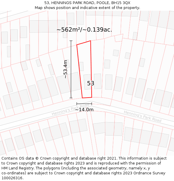 53, HENNINGS PARK ROAD, POOLE, BH15 3QX: Plot and title map