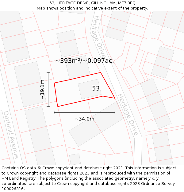 53, HERITAGE DRIVE, GILLINGHAM, ME7 3EQ: Plot and title map