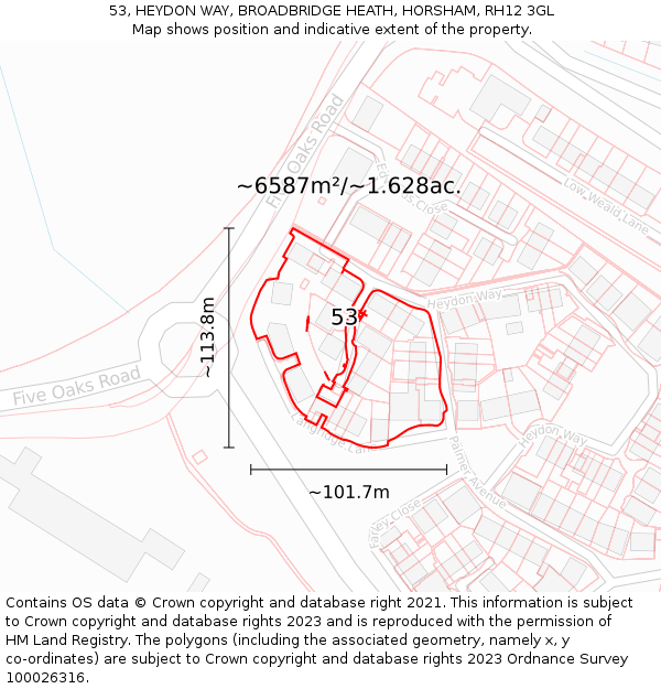 53, HEYDON WAY, BROADBRIDGE HEATH, HORSHAM, RH12 3GL: Plot and title map