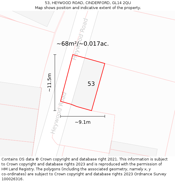 53, HEYWOOD ROAD, CINDERFORD, GL14 2QU: Plot and title map