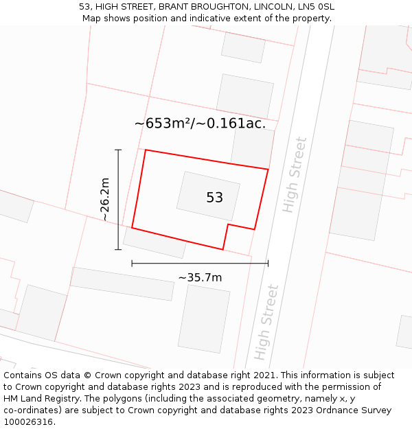 53, HIGH STREET, BRANT BROUGHTON, LINCOLN, LN5 0SL: Plot and title map