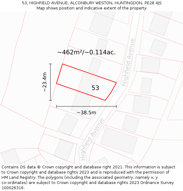 53, HIGHFIELD AVENUE, ALCONBURY WESTON, HUNTINGDON, PE28 4JS: Plot and title map