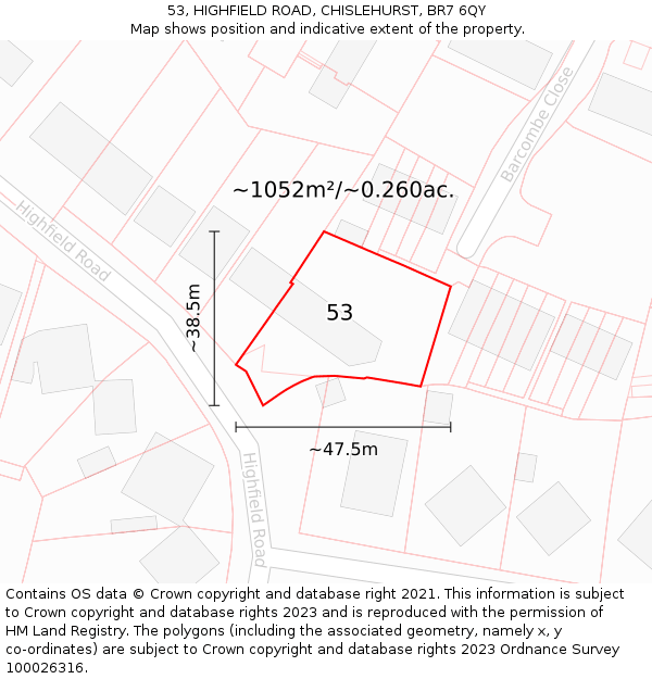 53, HIGHFIELD ROAD, CHISLEHURST, BR7 6QY: Plot and title map