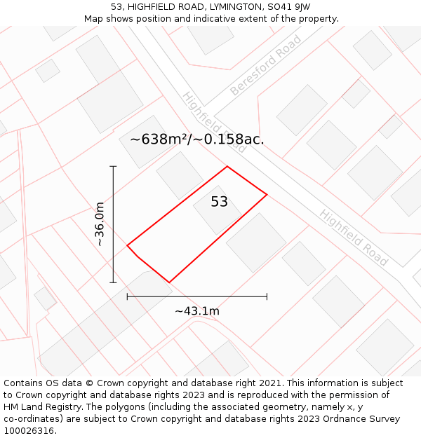 53, HIGHFIELD ROAD, LYMINGTON, SO41 9JW: Plot and title map