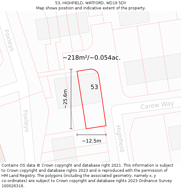 53, HIGHFIELD, WATFORD, WD19 5DY: Plot and title map