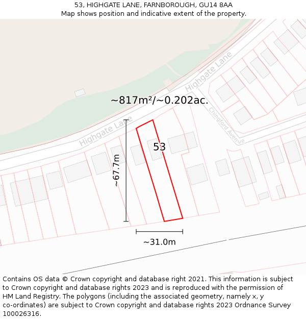 53, HIGHGATE LANE, FARNBOROUGH, GU14 8AA: Plot and title map