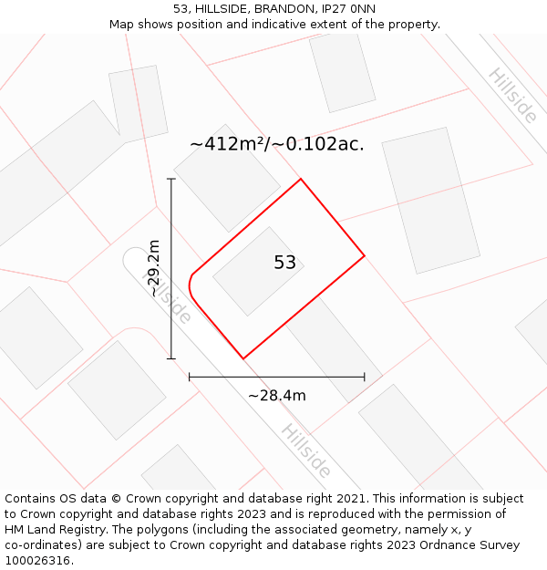 53, HILLSIDE, BRANDON, IP27 0NN: Plot and title map