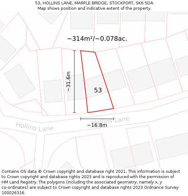 53, HOLLINS LANE, MARPLE BRIDGE, STOCKPORT, SK6 5DA: Plot and title map