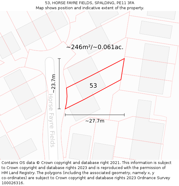 53, HORSE FAYRE FIELDS, SPALDING, PE11 3FA: Plot and title map