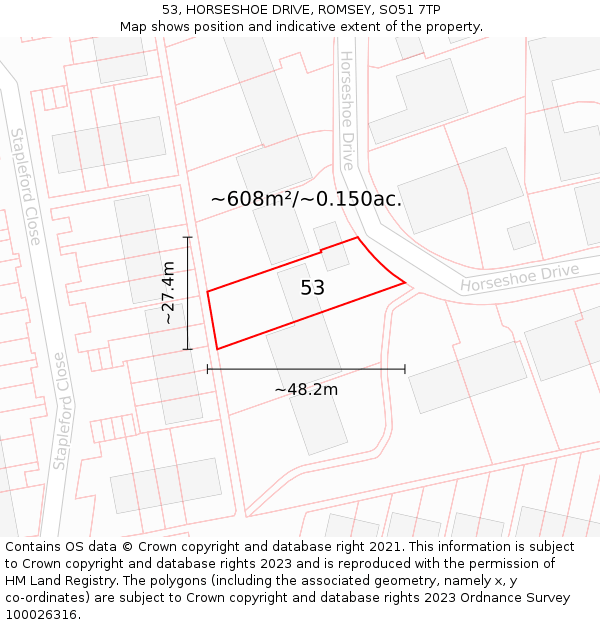 53, HORSESHOE DRIVE, ROMSEY, SO51 7TP: Plot and title map