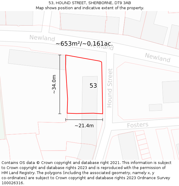 53, HOUND STREET, SHERBORNE, DT9 3AB: Plot and title map