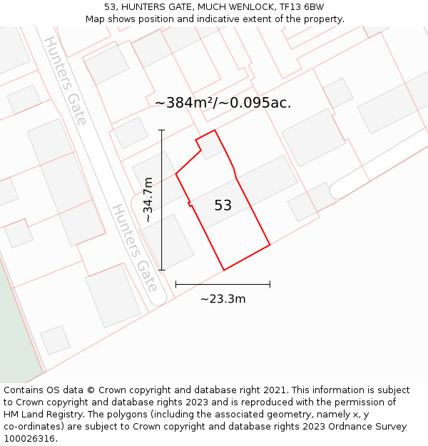 53, HUNTERS GATE, MUCH WENLOCK, TF13 6BW: Plot and title map