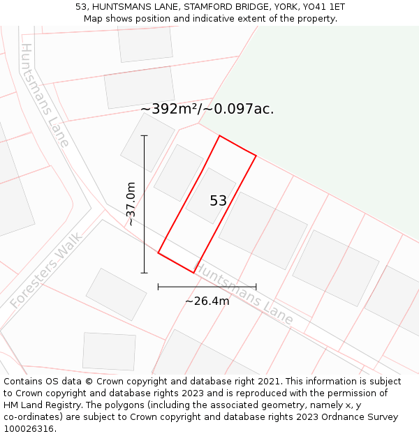 53, HUNTSMANS LANE, STAMFORD BRIDGE, YORK, YO41 1ET: Plot and title map