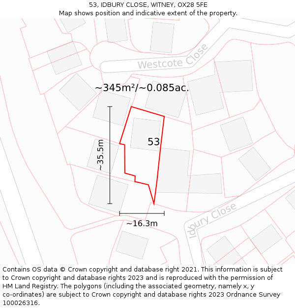 53, IDBURY CLOSE, WITNEY, OX28 5FE: Plot and title map