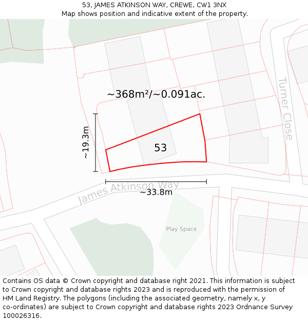 53, JAMES ATKINSON WAY, CREWE, CW1 3NX: Plot and title map