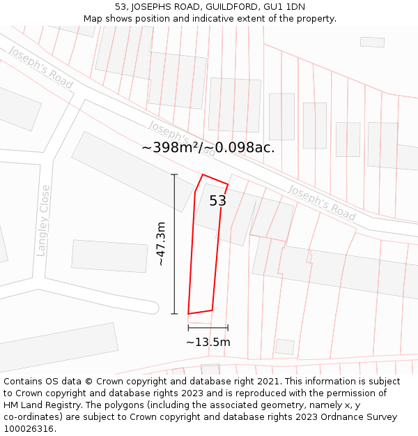53, JOSEPHS ROAD, GUILDFORD, GU1 1DN: Plot and title map