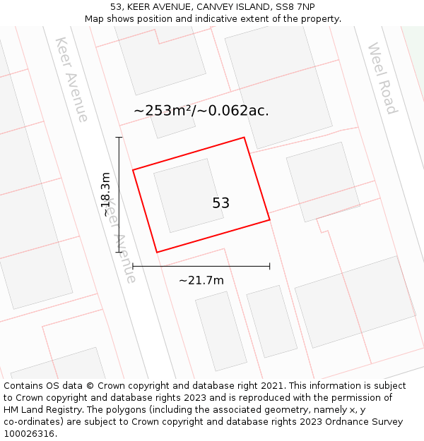 53, KEER AVENUE, CANVEY ISLAND, SS8 7NP: Plot and title map