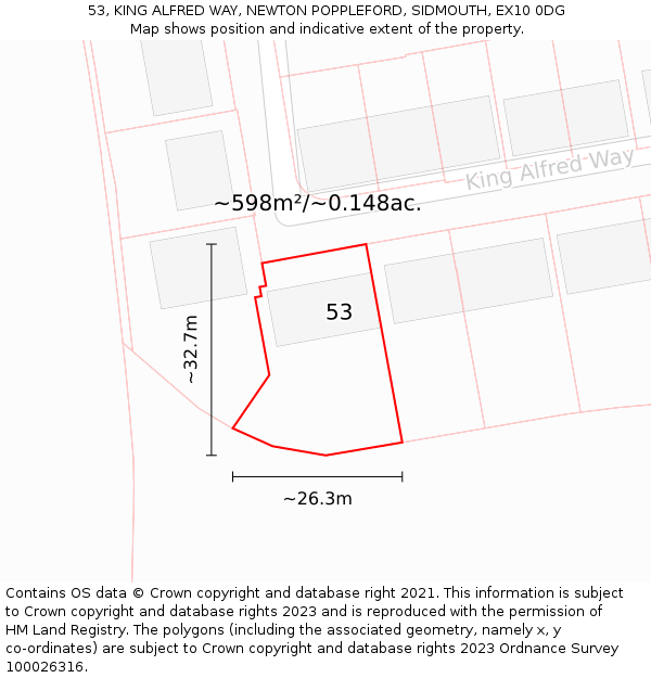 53, KING ALFRED WAY, NEWTON POPPLEFORD, SIDMOUTH, EX10 0DG: Plot and title map