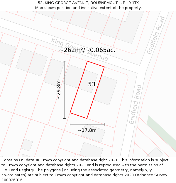 53, KING GEORGE AVENUE, BOURNEMOUTH, BH9 1TX: Plot and title map