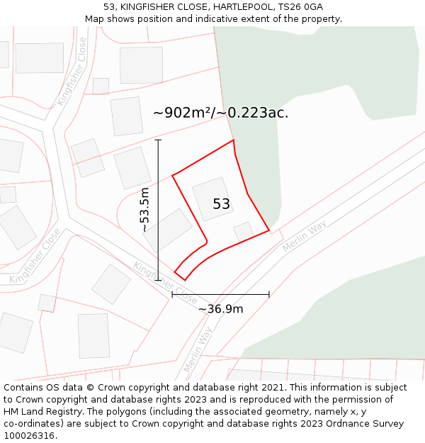 53, KINGFISHER CLOSE, HARTLEPOOL, TS26 0GA: Plot and title map